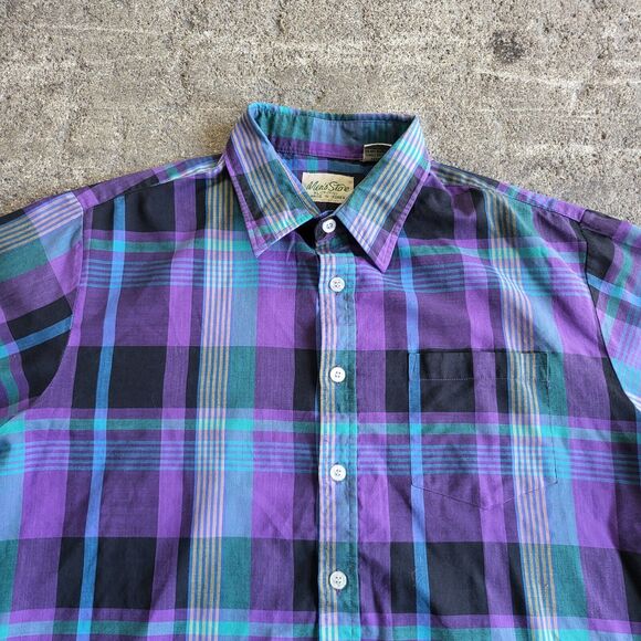 Vintage Sears Western Shirt Mens XL 17 Blue Purple Black Plaid Short Sleeve - Picture 2 of 8